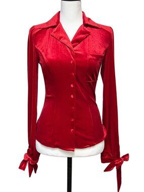 Unique Vintage Velvet Button Up Blouse Long Sleeve Bow Cuffs Holiday Stretch Top